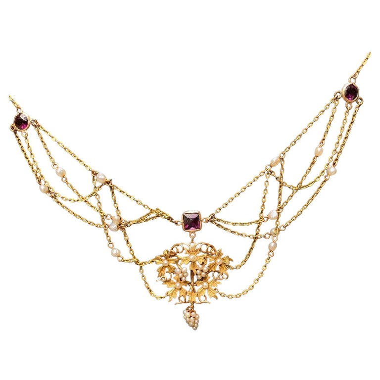 Améthyste Art nouveau Collier feston de perles de rocaille en or En vente  sur 1stDibs