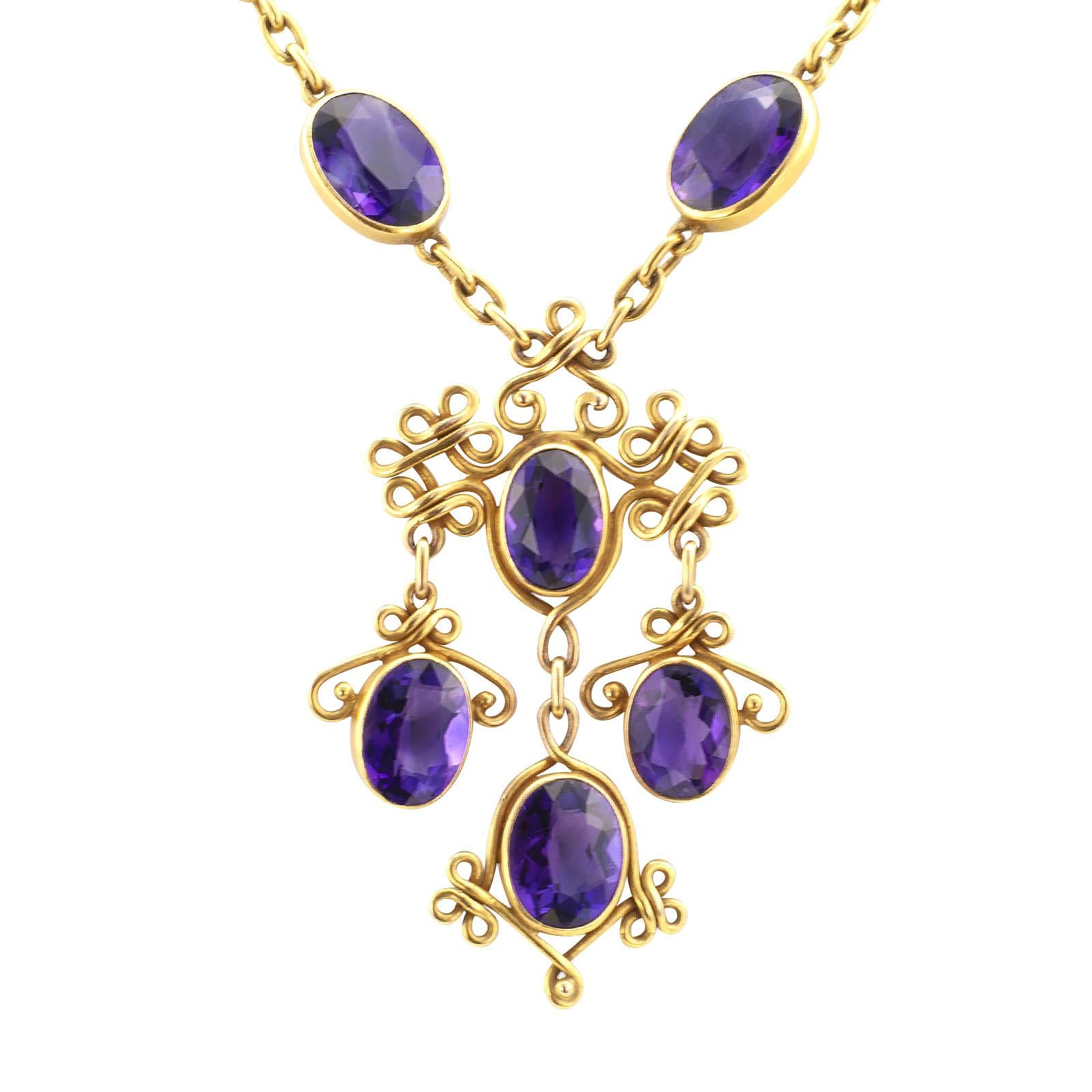 Art Nouveau handcrafted amethyst and yellow gold necklace circa 1905.

DETAILS:

GEMSTONES: ten oval amethyst totaling approximately 25.00 carats.

METAL: 14-karat yellow gold.

MEASUREMENTS: 16” (40.6 cm) long overall.

CONDITION: high
