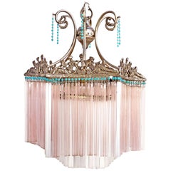 Antique Art Nouveau and Art Deco with Blue Beads and Pink Glass Straws Chandelier