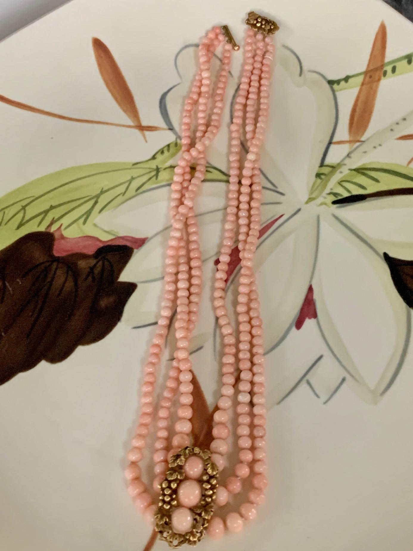 Art Nouveau Angel Skin 3-Strand Coral 14 Karat Gold Clasp Necklace 2