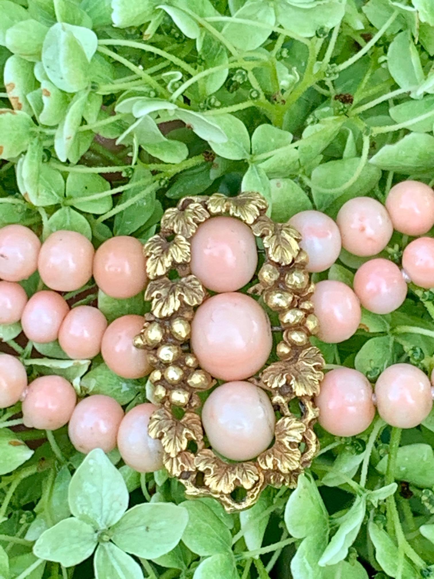 Bead Art Nouveau Angel Skin 3-Strand Coral 14 Karat Gold Clasp Necklace