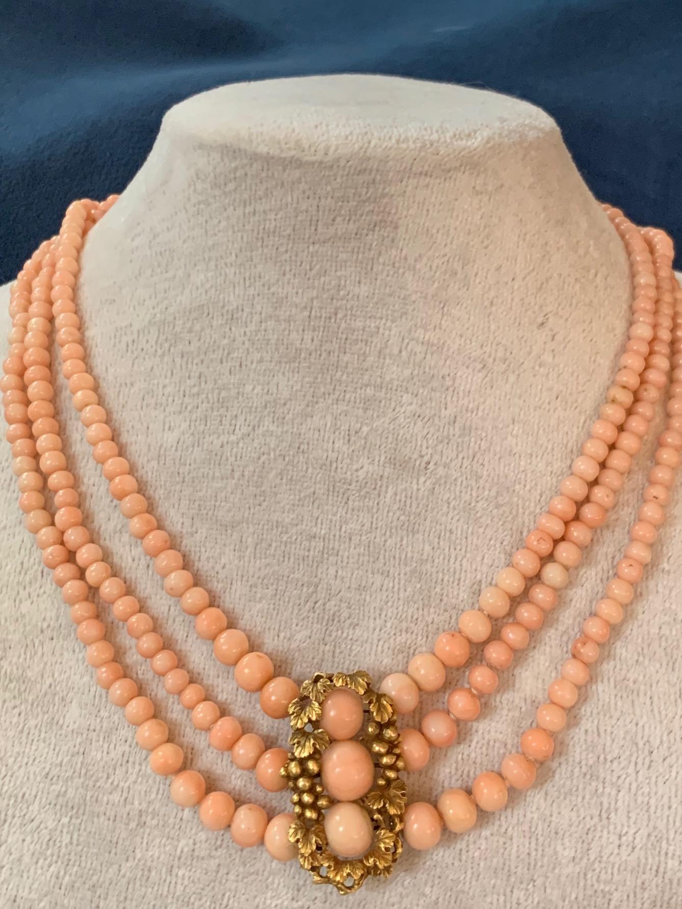 Women's Art Nouveau Angel Skin 3-Strand Coral 14 Karat Gold Clasp Necklace