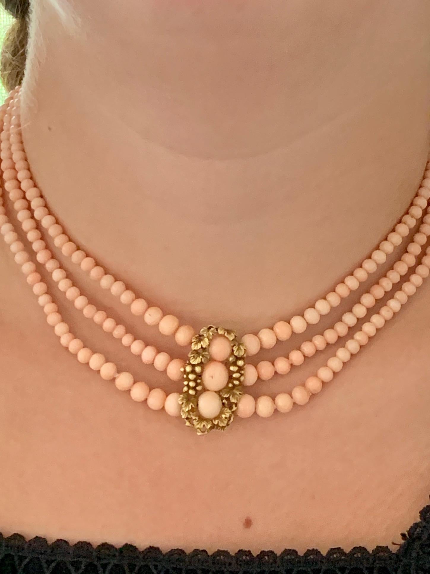 Art Nouveau Angel Skin 3-Strand Coral 14 Karat Gold Clasp Necklace 1