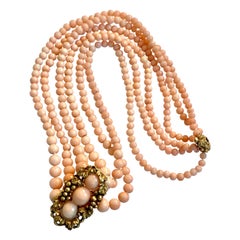 Antique Art Nouveau Angel Skin 3-Strand Coral 14 Karat Gold Clasp Necklace