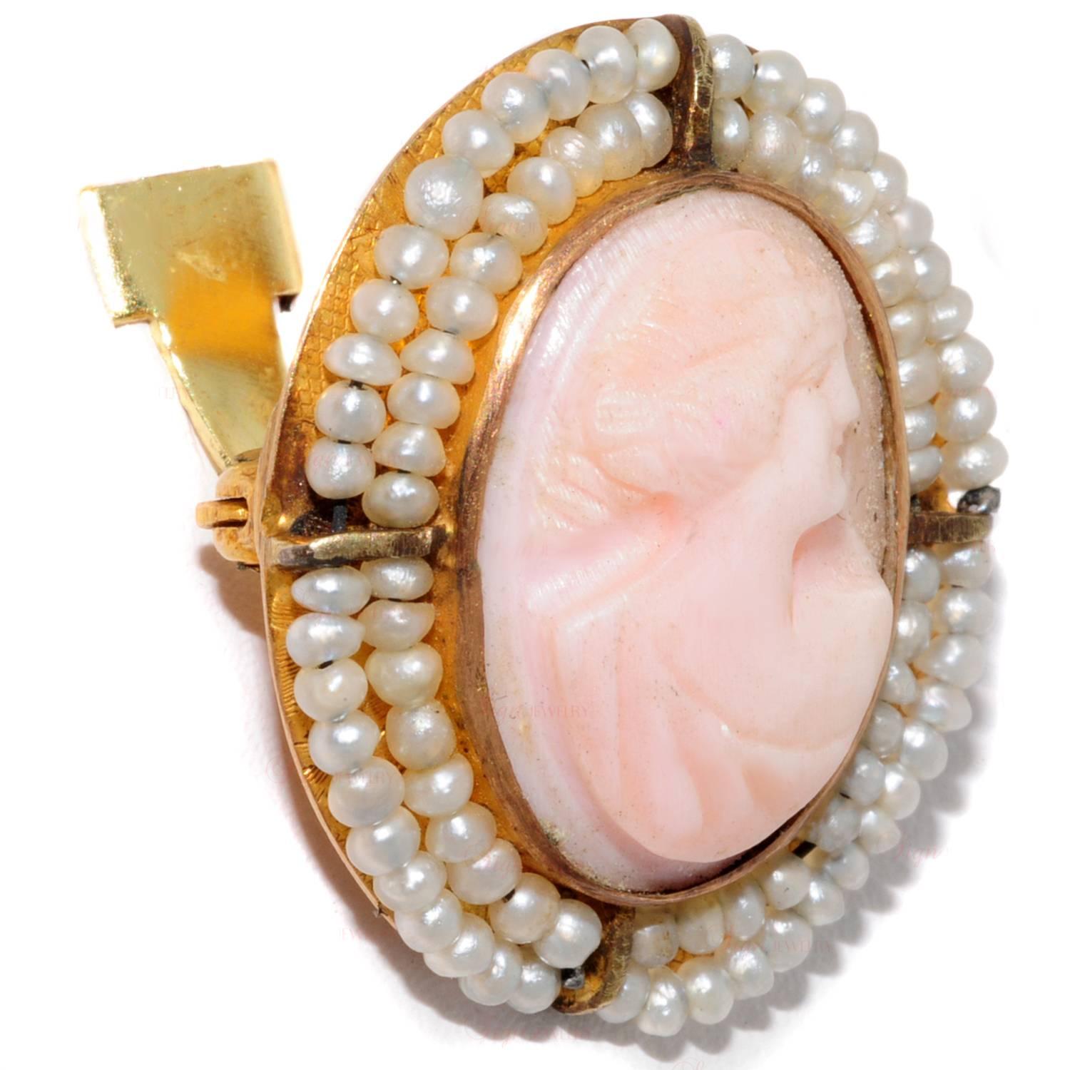 This ornate cameo lady portrait brooch was made in circa 1900-1910. It is crafted out of 14k yellow gold and features a carved angel skin cameo portrait of a lady encircled by two rows of saltwater pearls. Measurements: 0.70