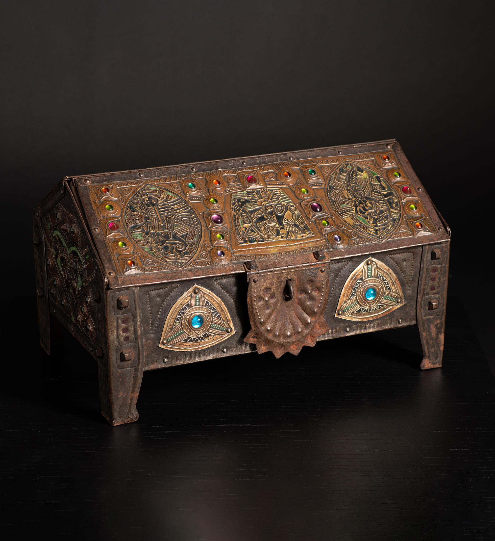 Box contains moonstones in addition to the glass cabochons.

Alfred Louis Achille DAGUET (1875 - 1942) was a metalsmith active in Paris during the first part of the 20th century. His metalwork created prior to the outbreak of World War I, noteworthy