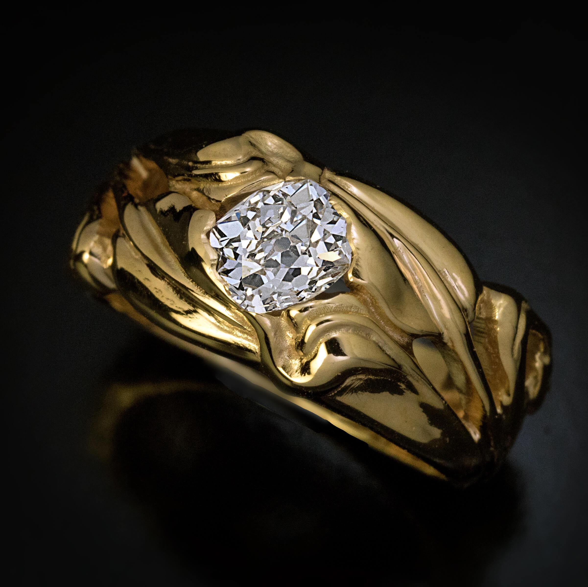 Art Nouveau Antique 1.24 Ct Diamond Gold Unisex Ring For Sale 2