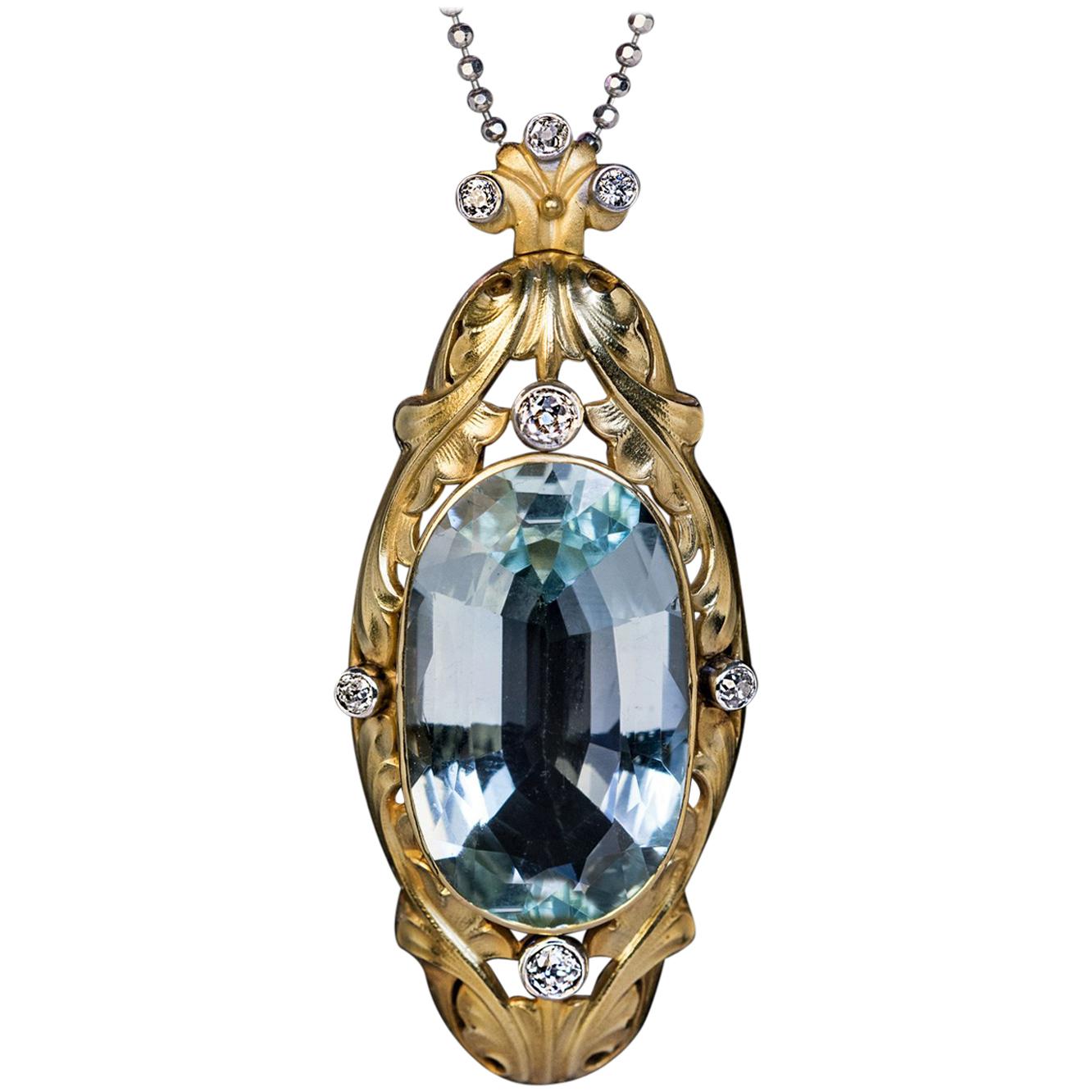Art Nouveau Antique 20 Carat Aquamarine Diamond Gold Pendant