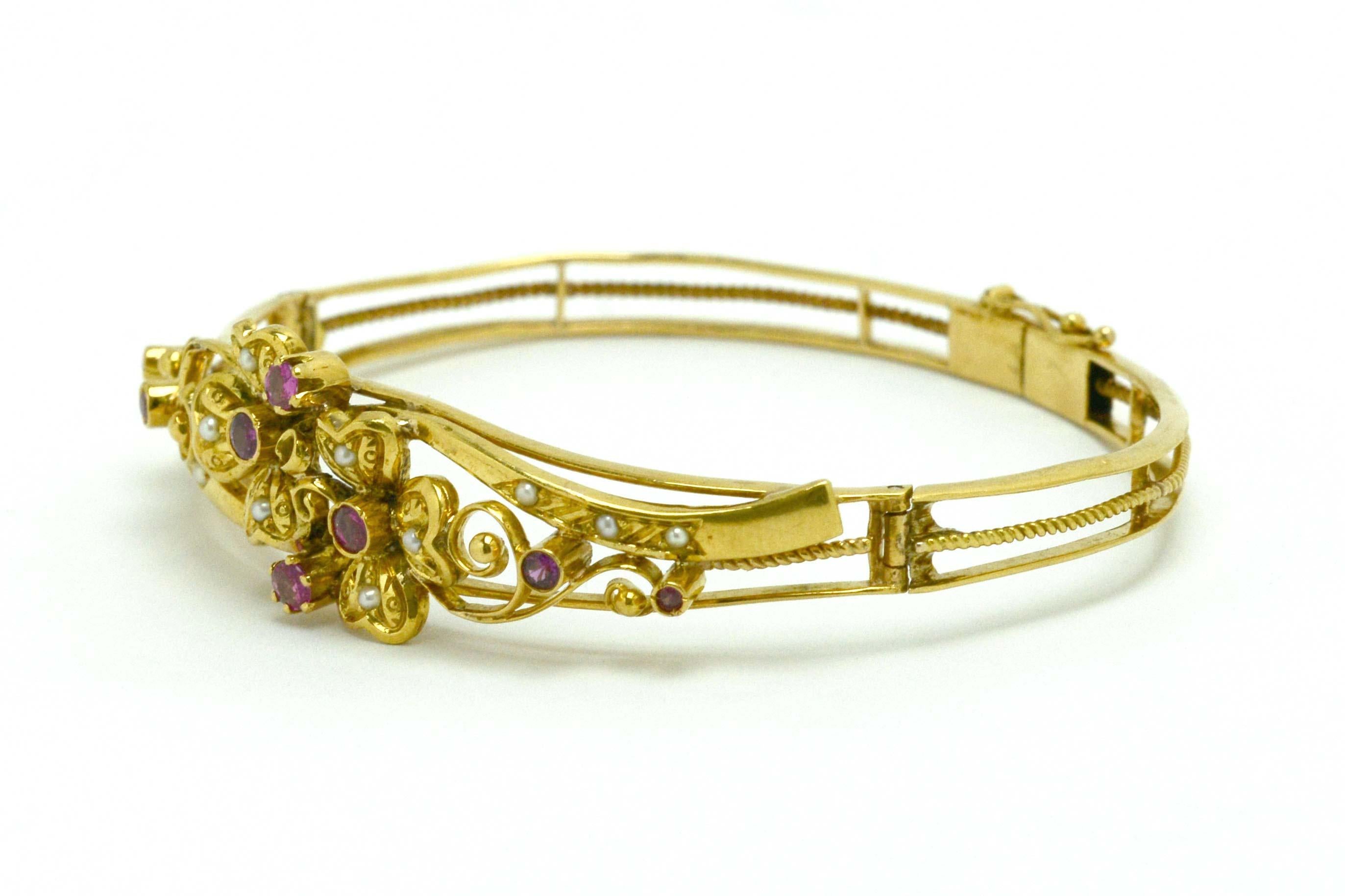 Art Nouveau Antique Bangle Bracelet Pink Sapphire Pearls Flower 19K Yellow Gold In Good Condition In Santa Barbara, CA