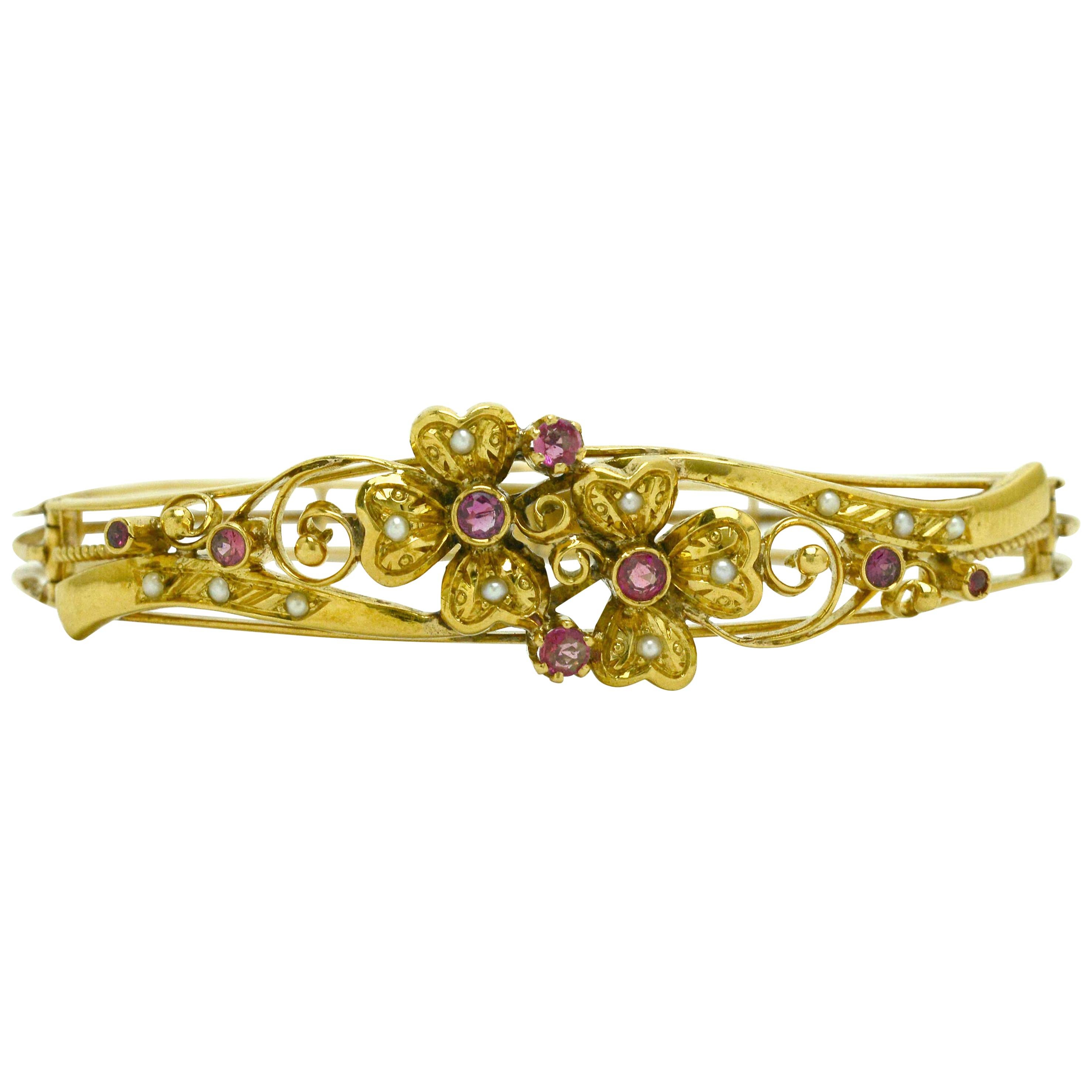 Art Nouveau Antique Bangle Bracelet Pink Sapphire Pearls Flower 19K Yellow Gold