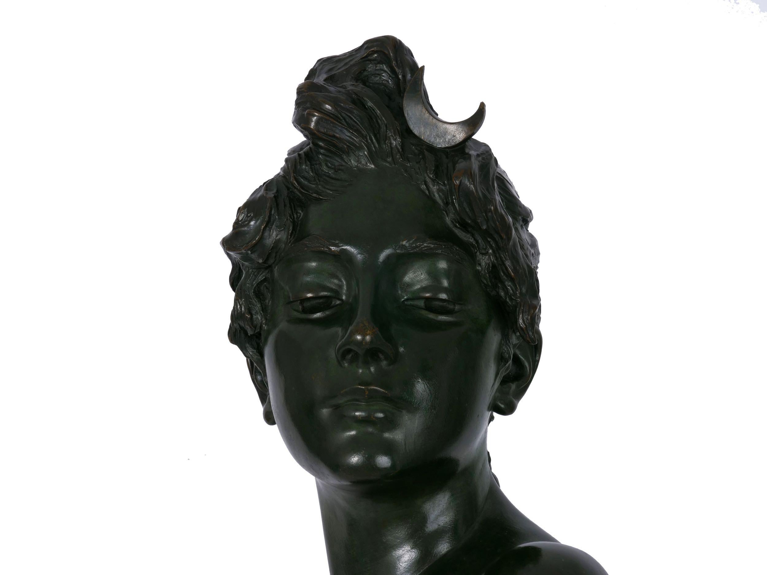 Art Nouveau Antique Bronze Sculpture “Bust of Diane” by Emmanuel Villanis 12