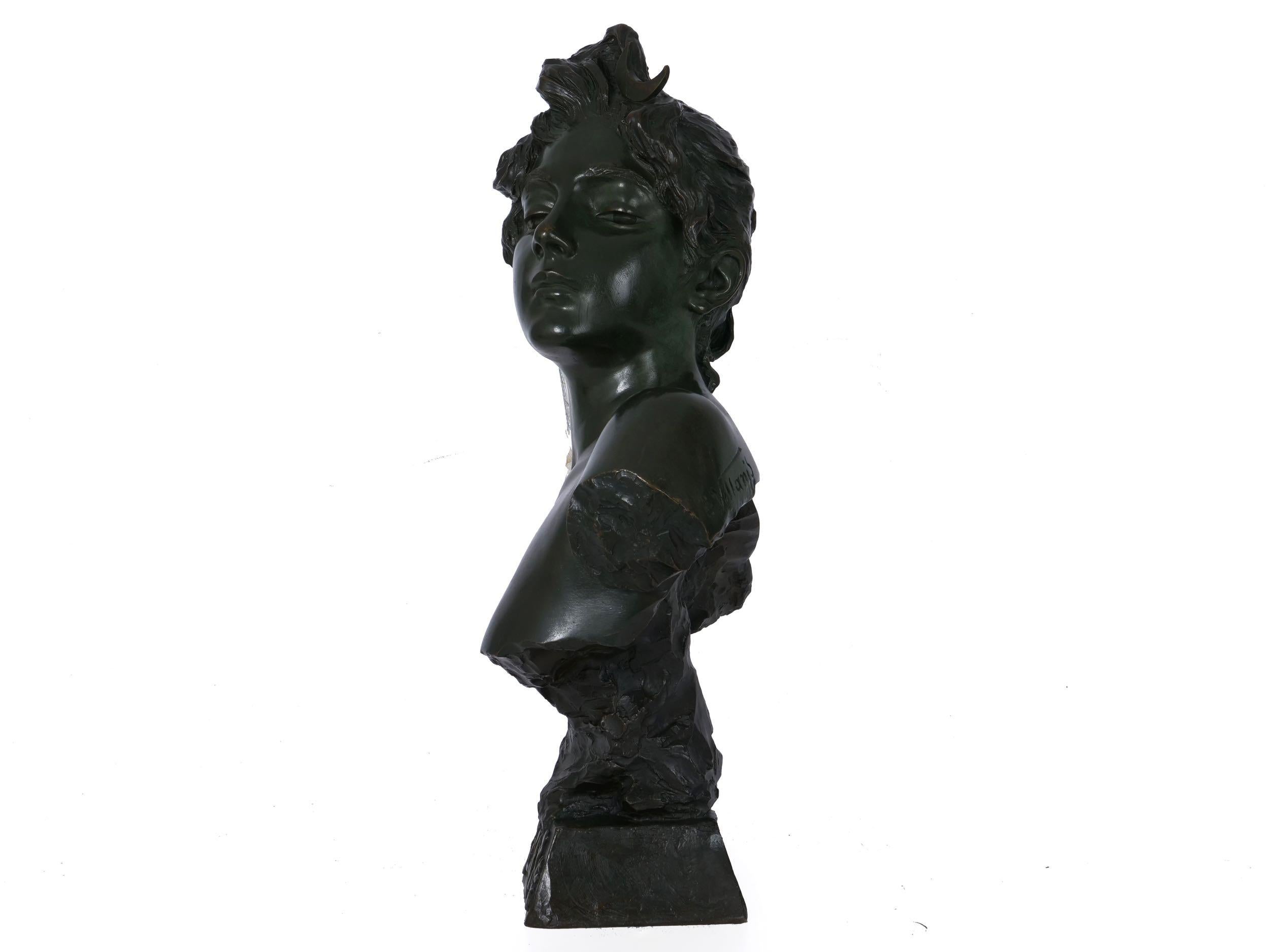 A powerful bust by prolific sculptor Emmanuel Villanis, it is titled in raised relief along the front edge “Diane“ and depicts the Diana the Huntress with a crescent headband at the apex of her forehead. Typical of most portraits by Villanis, the