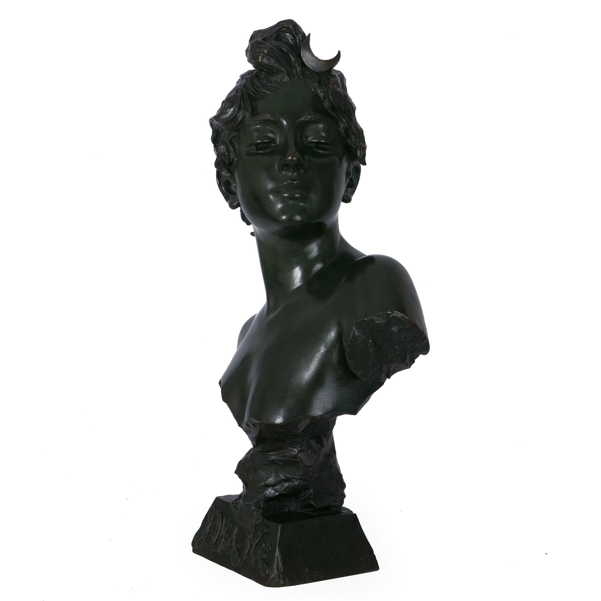 French Art Nouveau Antique Bronze Sculpture “Bust of Diane” by Emmanuel Villanis
