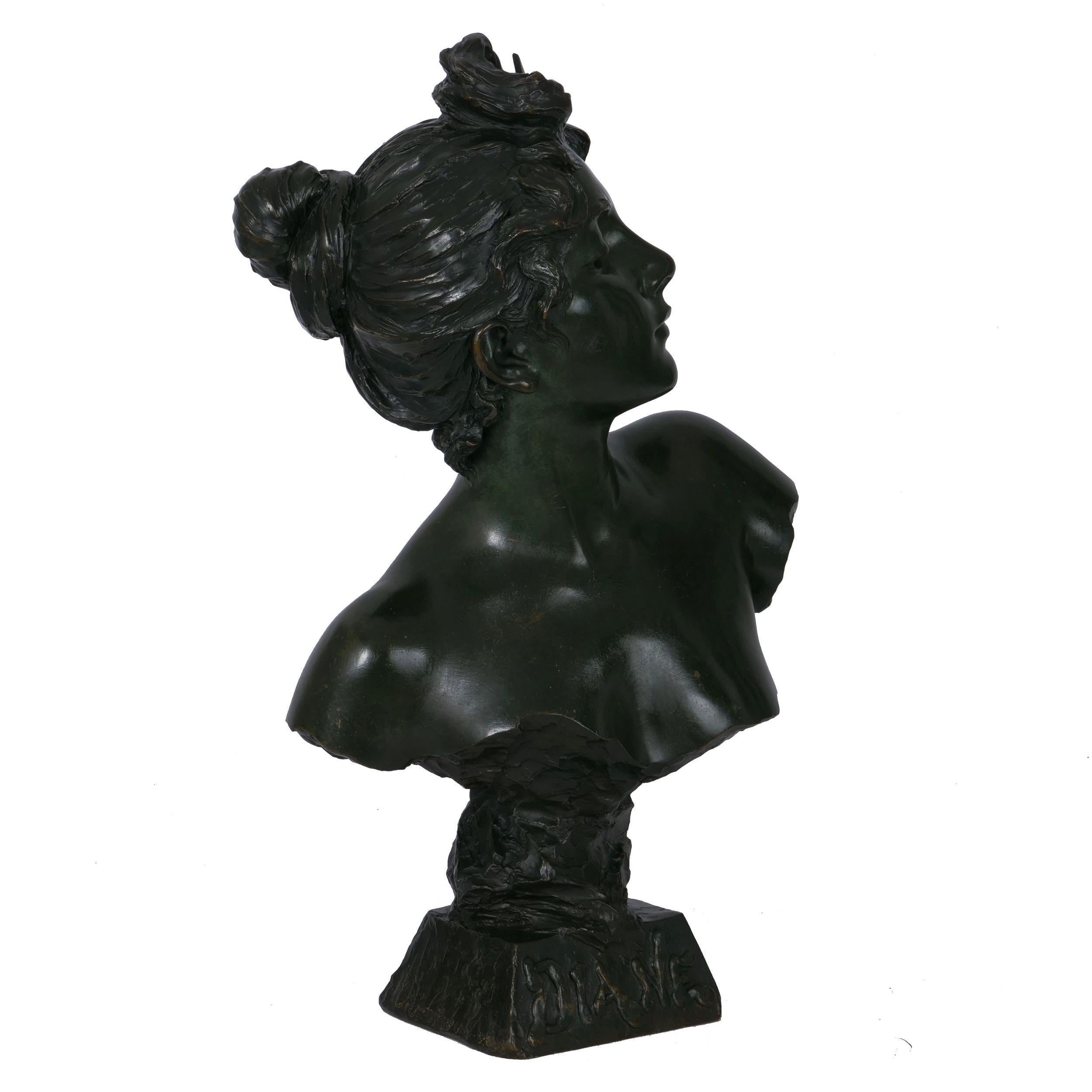 Art Nouveau Antique Bronze Sculpture “Bust of Diane” by Emmanuel Villanis 1