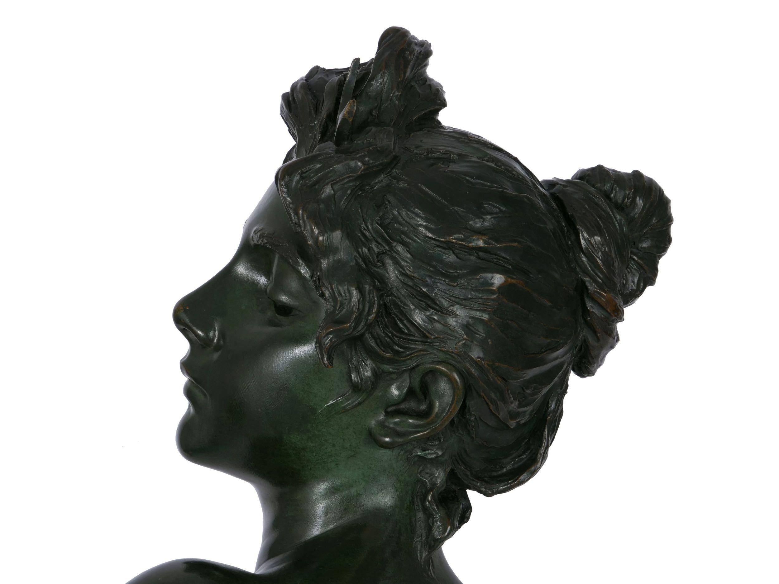 Art Nouveau Antique Bronze Sculpture “Bust of Diane” by Emmanuel Villanis 4