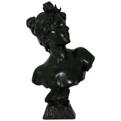 Sculpture en bronze antique Art Nouveau "Buste de Diane" par Emmanuel Villanis