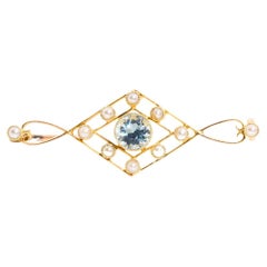 Art Nouveau Antique Brooch Circa 1910 Blue Aquamarine and Pearl 15 Carat Gold