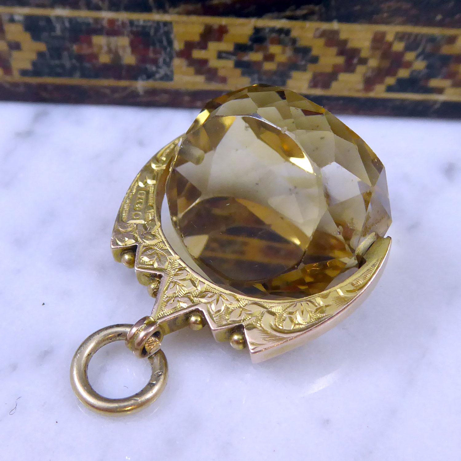 Art Nouveau Antique Citrine and 9ct Gold Spinner Fob, Hallmarked Chester, 1914 In Good Condition In Yorkshire, West Yorkshire