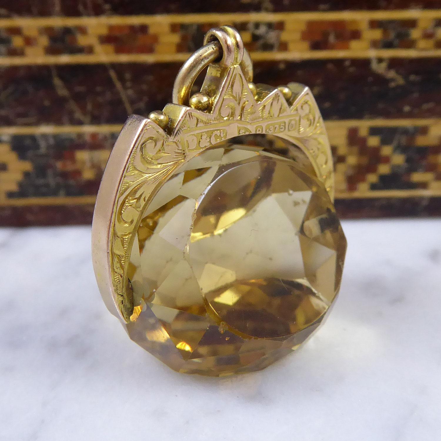 Women's Art Nouveau Antique Citrine and 9ct Gold Spinner Fob, Hallmarked Chester, 1914