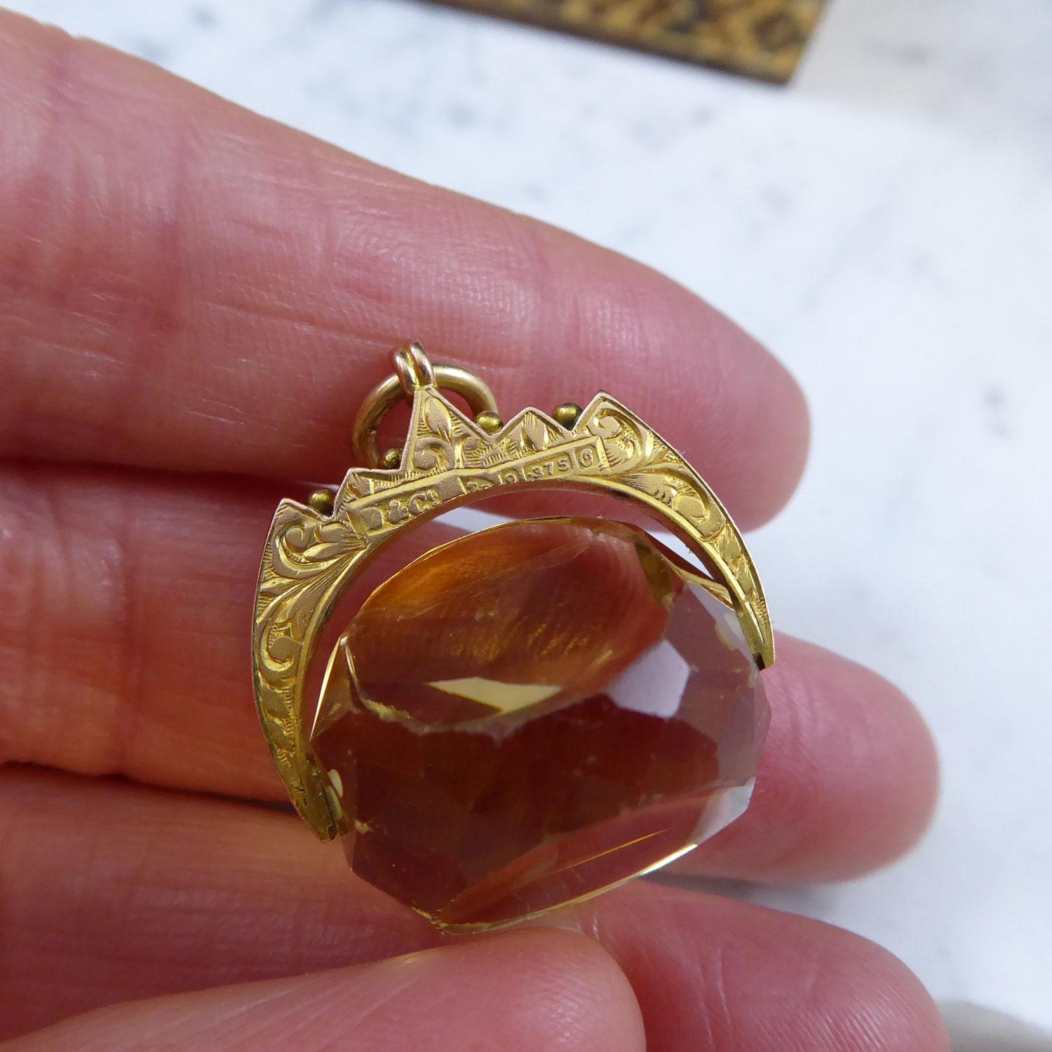 Art Nouveau Antique Citrine and 9ct Gold Spinner Fob, Hallmarked Chester, 1914 3