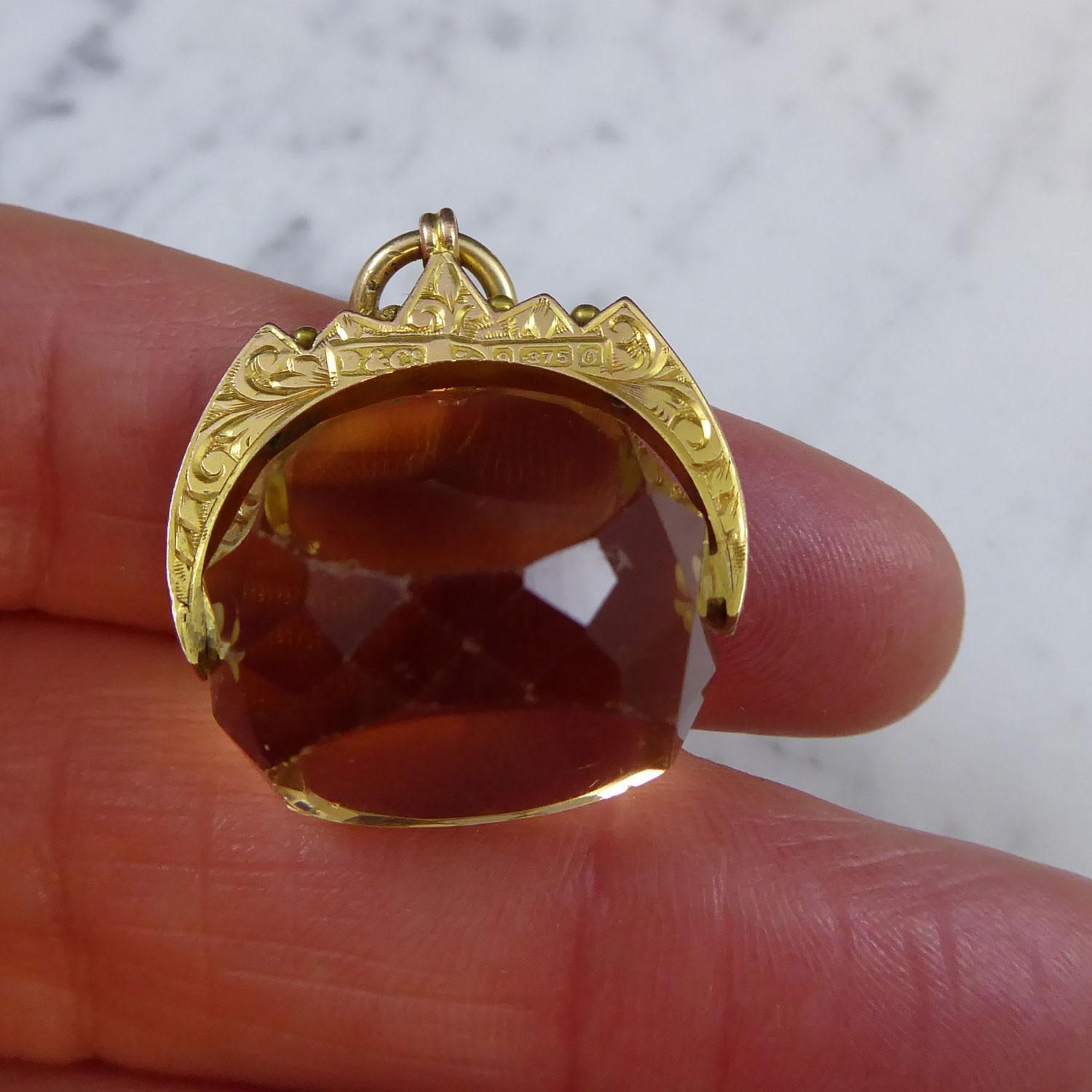Art Nouveau Antique Citrine and 9ct Gold Spinner Fob, Hallmarked Chester, 1914 4