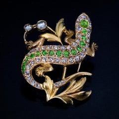 Art Nouveau Antique Demantoid Diamond Lizard Brooch