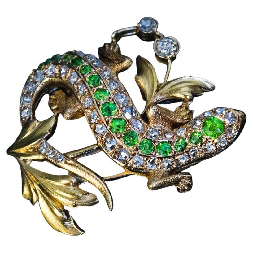Art Nouveau Antique Demantoid Diamond Lizard Brooch