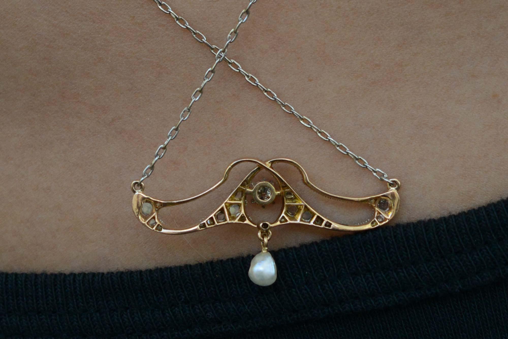 Old European Cut Art Nouveau Antique Diamond and Pearl Lavaliere Necklace For Sale