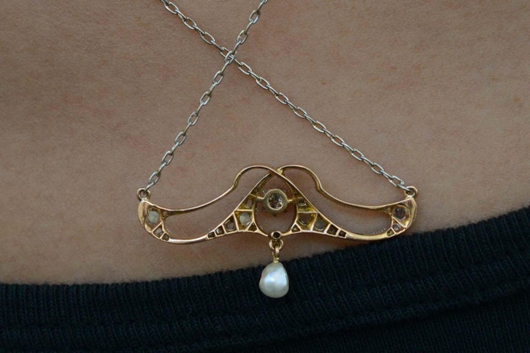 Art Nouveau Antique Diamond and Pearl Lavaliere Necklace For Sale at ...
