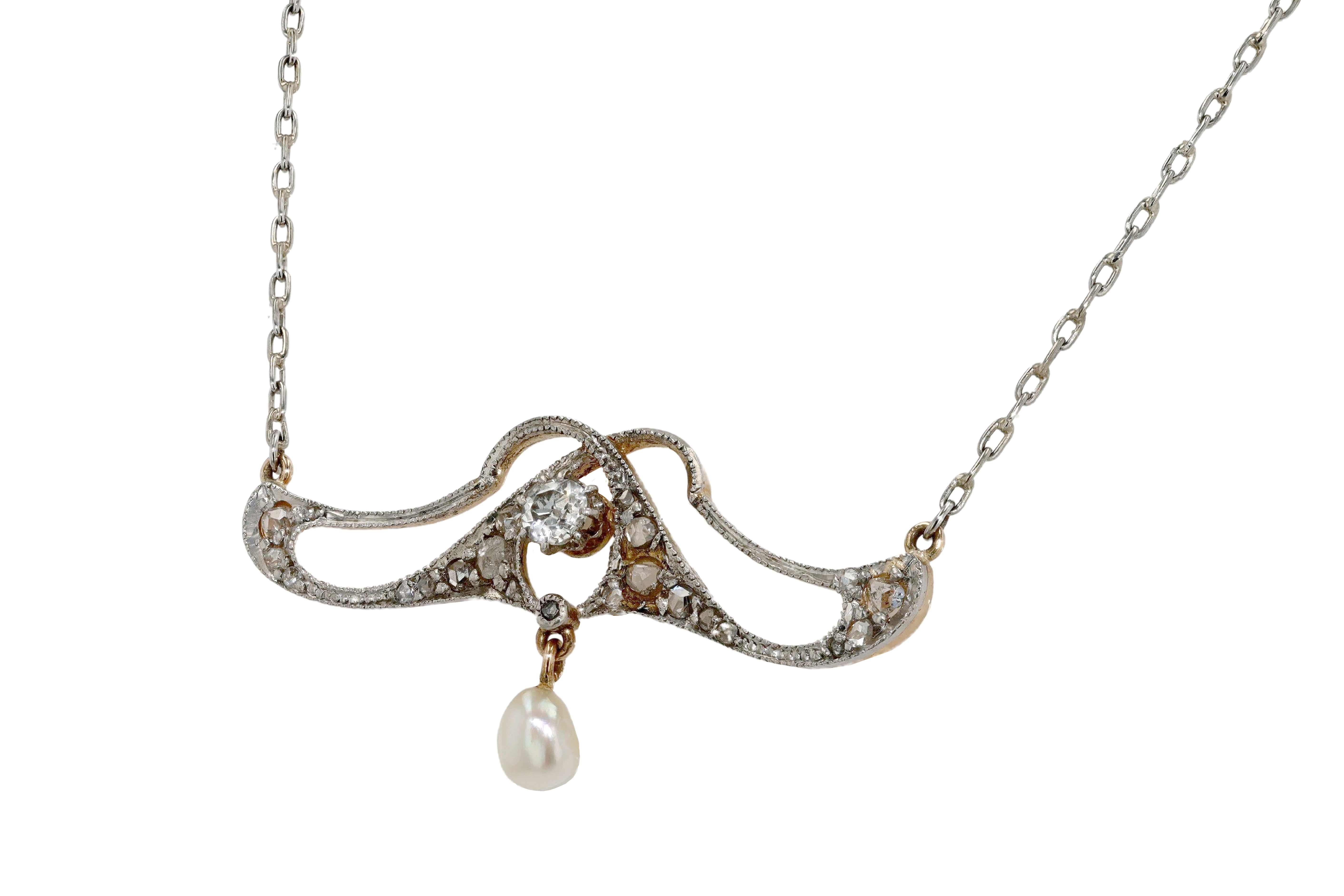 Art Nouveau Antique Diamond and Pearl Lavaliere Necklace In Good Condition For Sale In Santa Barbara, CA