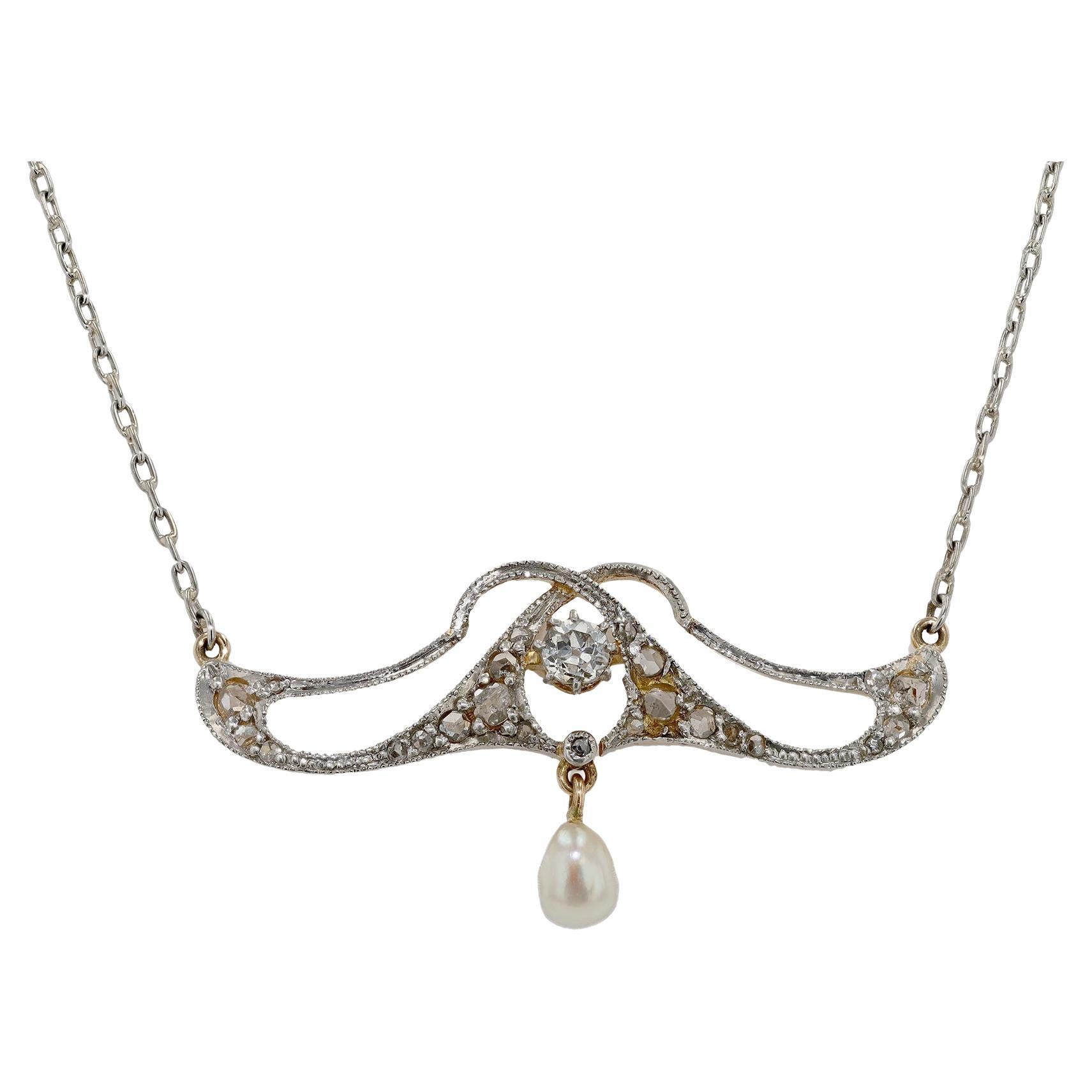Art Nouveau Antike Diamant und Perle Lavaliere Halskette