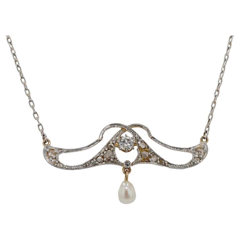 Art Nouveau Antique Diamond and Pearl Lavaliere Necklace For Sale at ...