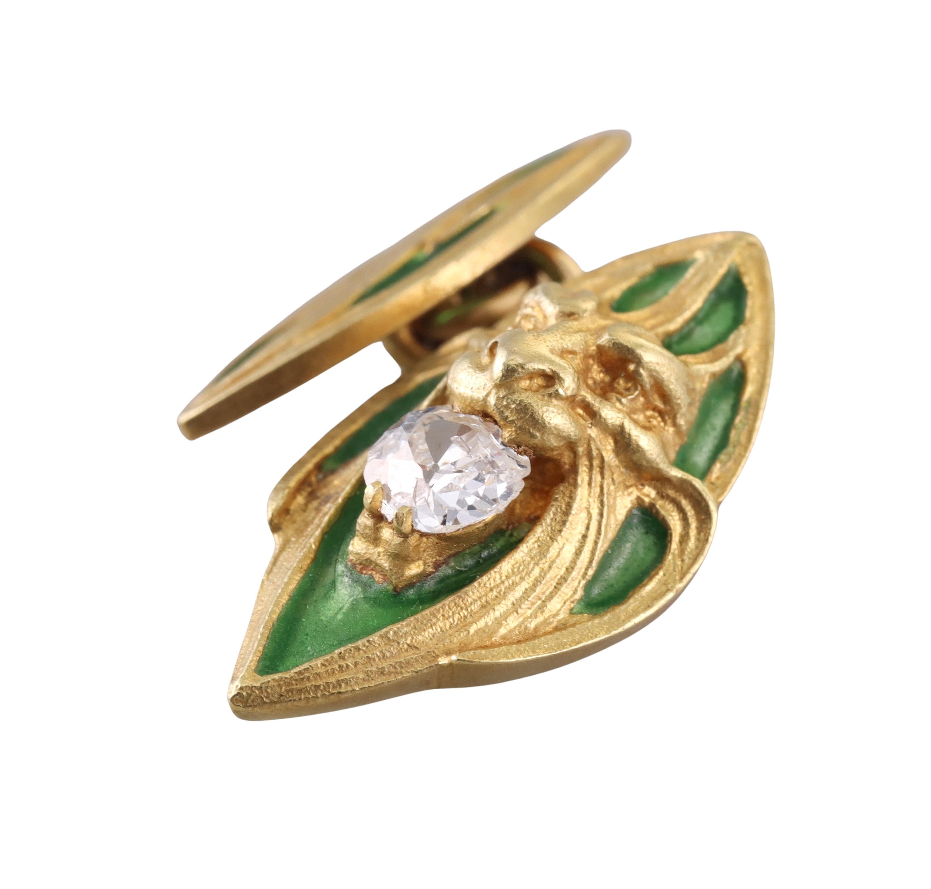 Pair of antique Art Nouveau era cufflinks in 18k yellow gold, decorated with bright green enamel and approx. 0.40ct old mine cut diamond in each.  Top of the cufflink measures 7/8