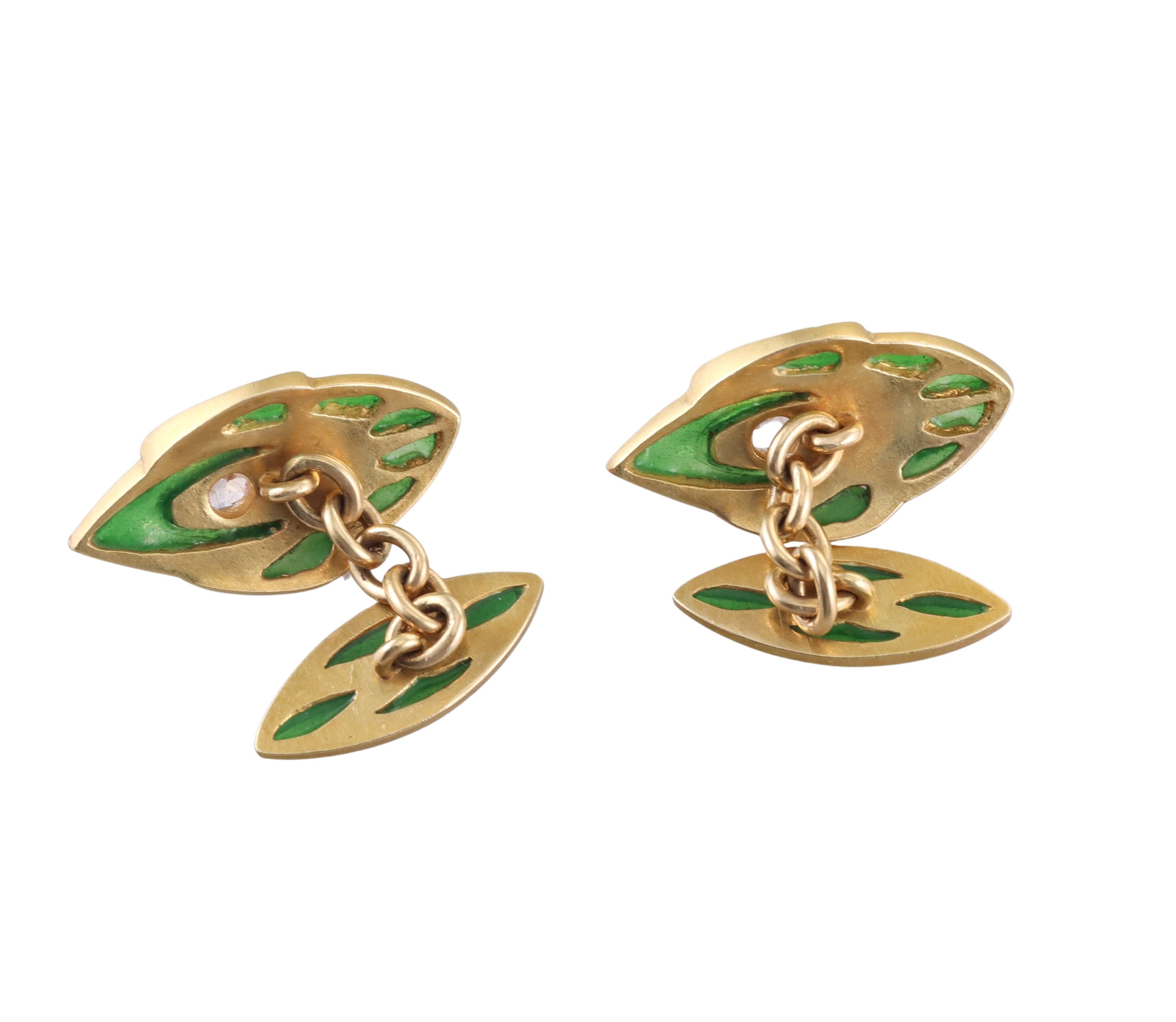Old Mine Cut Art Nouveau Antique Diamond Green Enamel Gold Devil Cufflinks For Sale