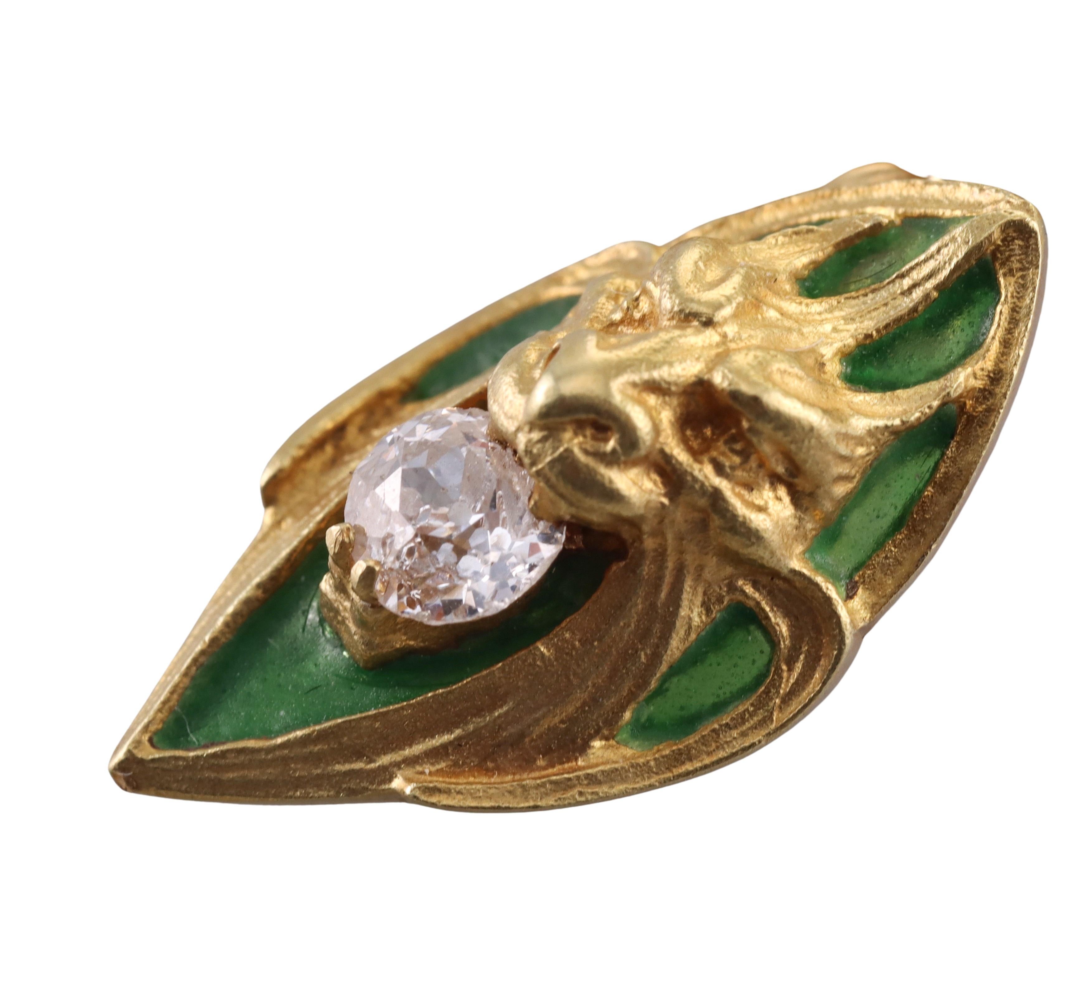 Art Nouveau Antique Diamond Green Enamel Gold Devil Cufflinks In Excellent Condition For Sale In New York, NY