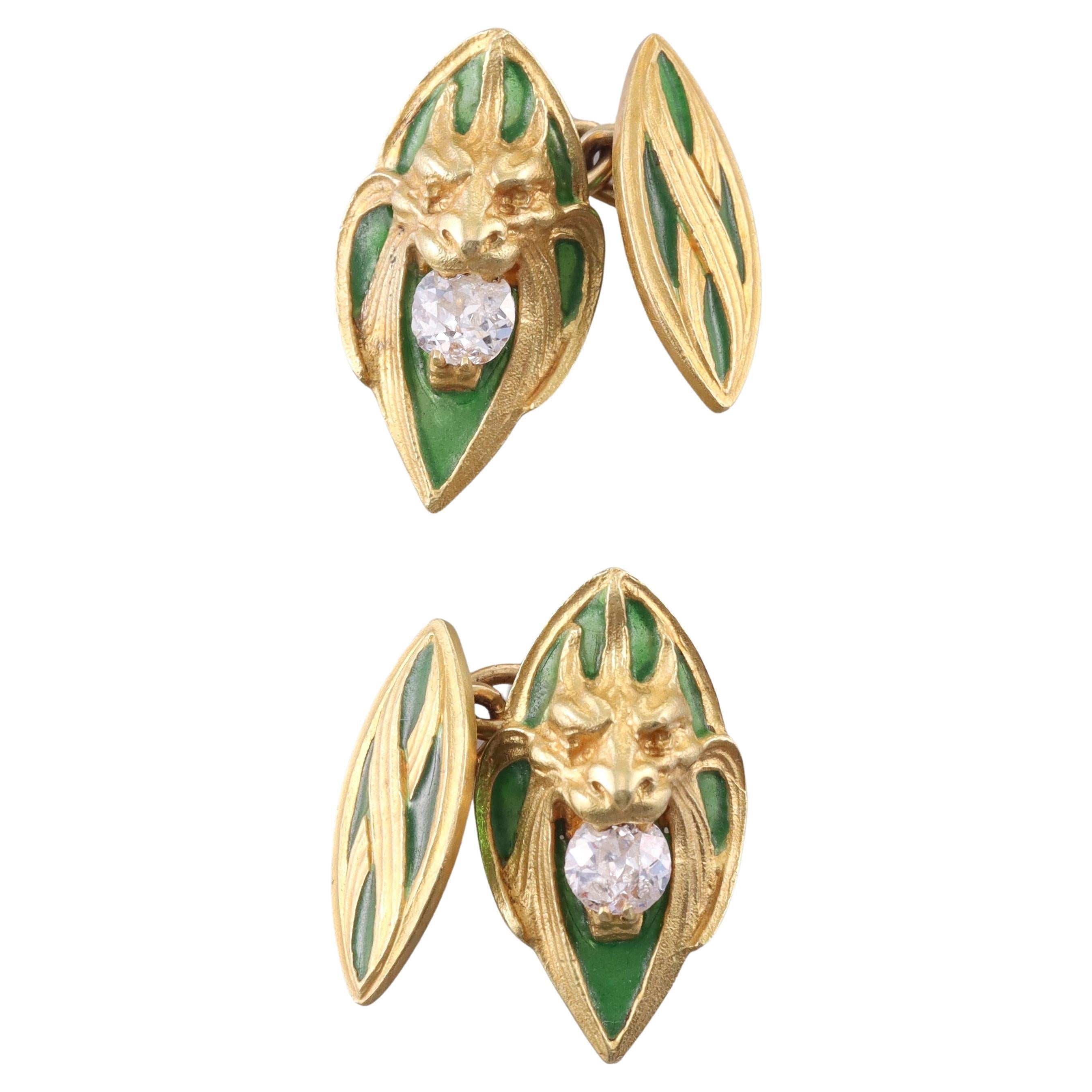 Boutons de manchette diable Art Nouveau ancien en or émaillé vert et diamants
