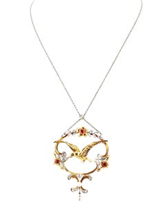 Art Nouveau Antique Edwardian Diamond Ruby Pearl Bird Pendant Necklace 18K