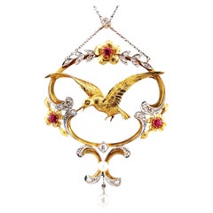 Art Nouveau Antique Edwardian Diamond Ruby Pearl Bird Pendant Necklace 18K