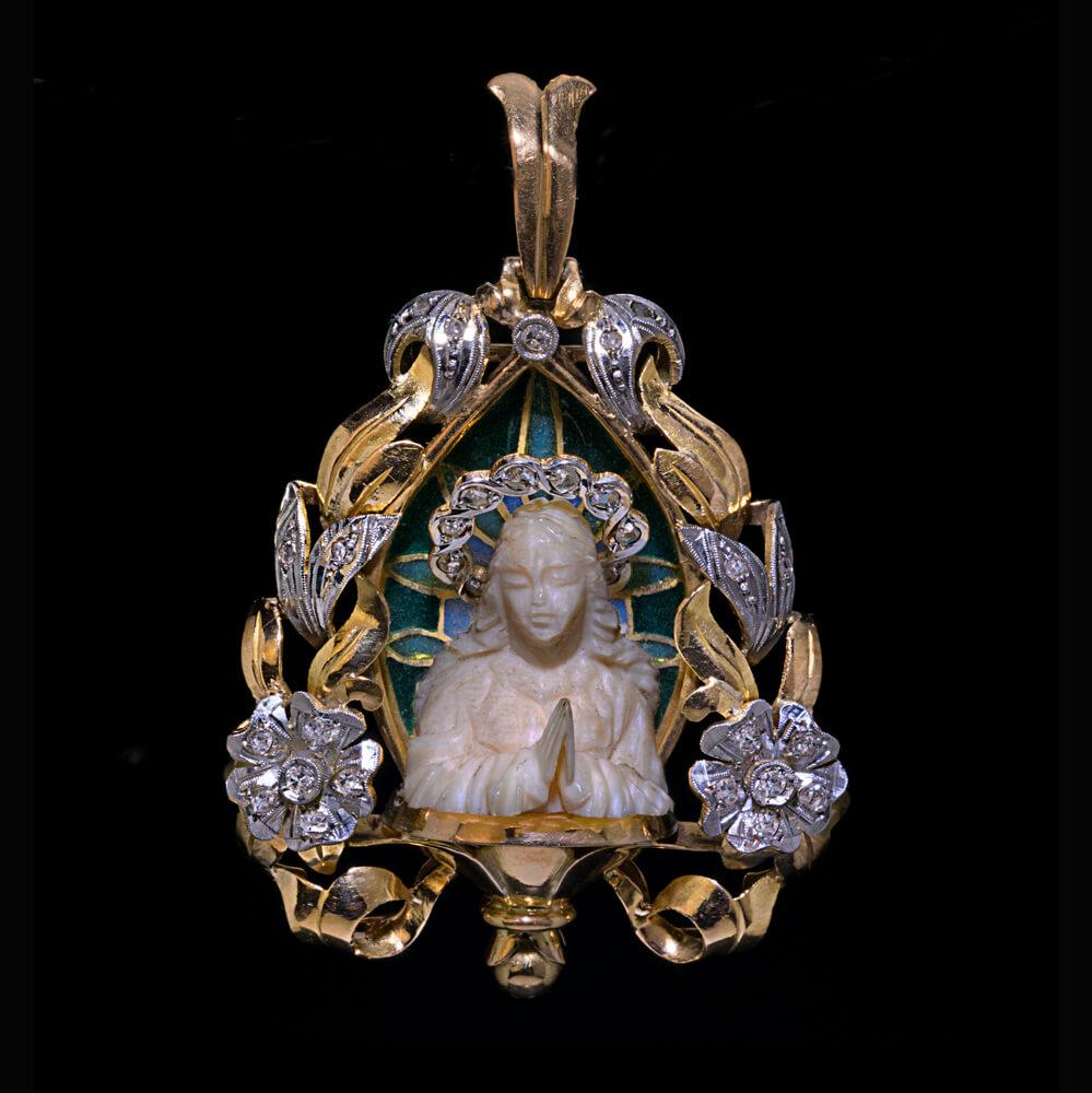 Women's or Men's Art Nouveau Antique Enamel Gold Platinum Madonna Pendant