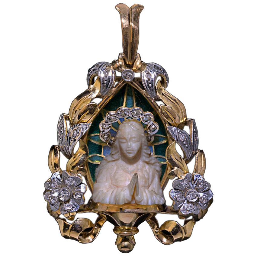 Art Nouveau Antique Enamel Gold Platinum Madonna Pendant