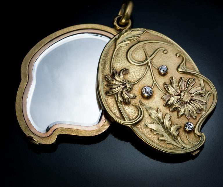 French Art Nouveau Antique Diamond Gold Locket Pendant at 1stDibs
