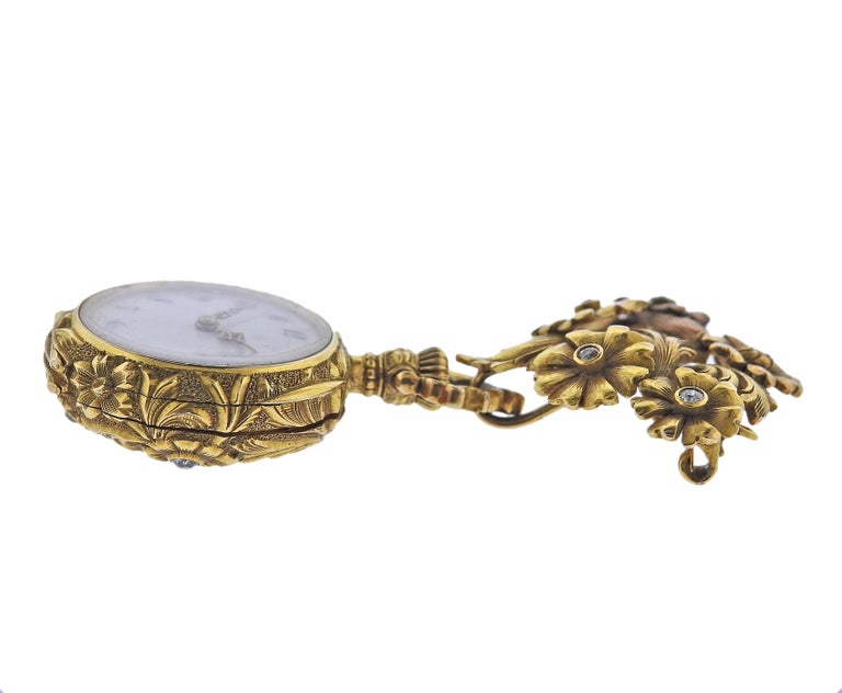 Round Cut Art Nouveau Antique Gold Diamond Lapel Pocket Watch For Sale