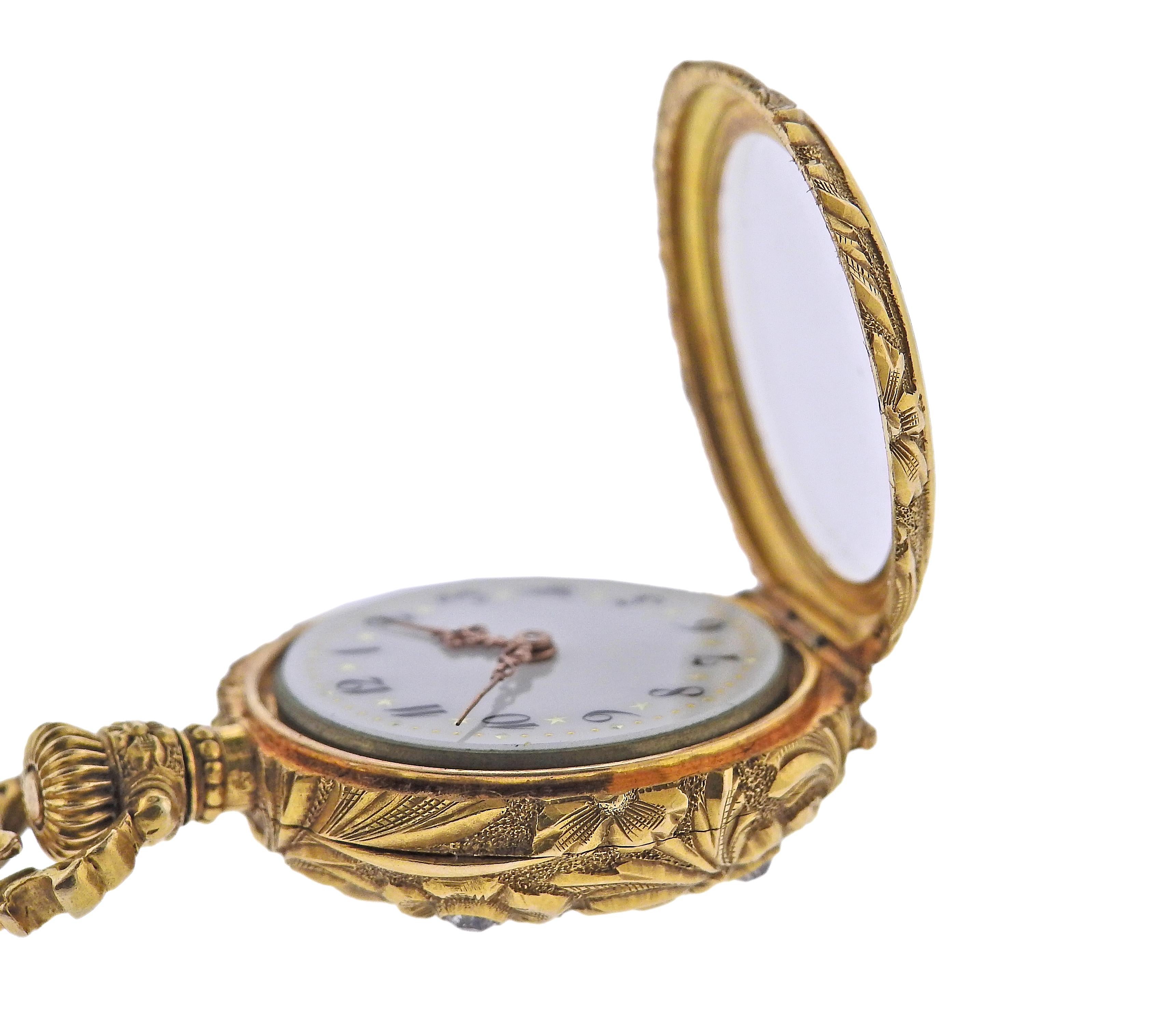 Jugendstil Antike Gold Diamant Revers Taschenuhr im Zustand „Hervorragend“ im Angebot in New York, NY