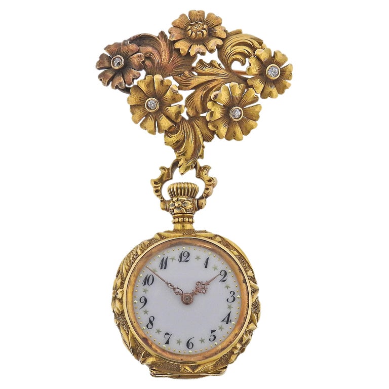 Art Nouveau Antique Gold Diamond Lapel Pocket Watch For Sale