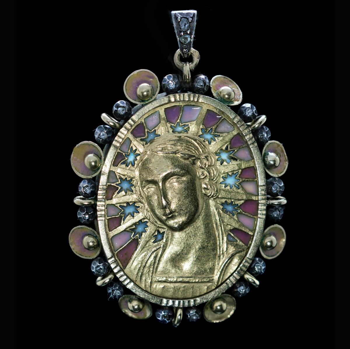 Art Nouveau Antique Gold Silver Diamond Enamel Madonna Pendant 1