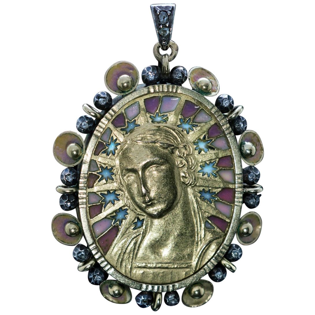 Art Nouveau Antique Gold Silver Diamond Enamel Madonna Pendant