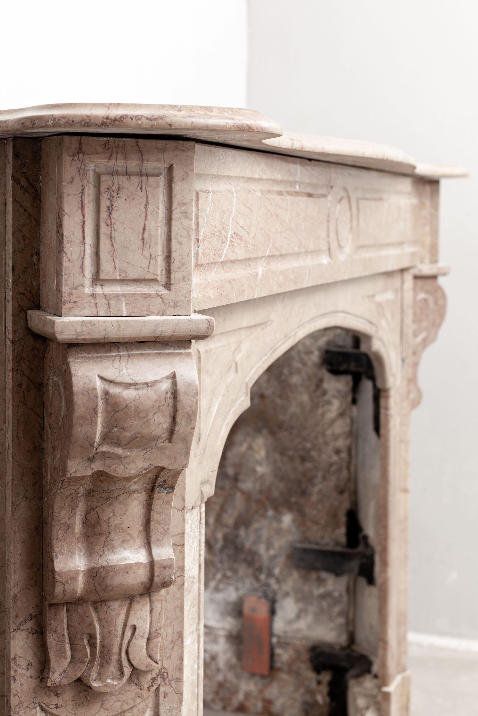 Hand-Carved Art Nouveau Antique Marble Fireplace