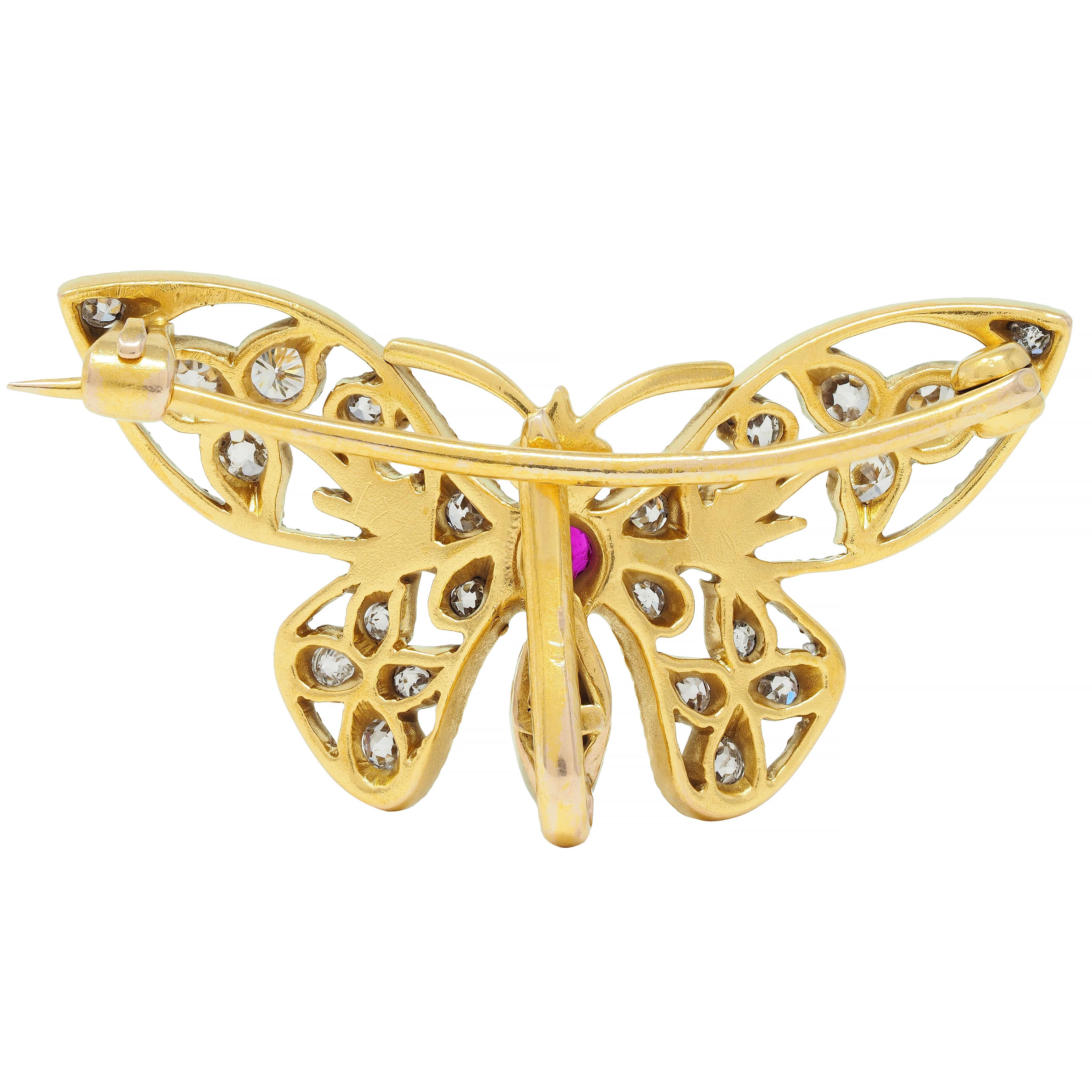 Old European Cut Art Nouveau Antique Ruby Diamond 14 Karat Yellow Gold Butterfly Brooch For Sale