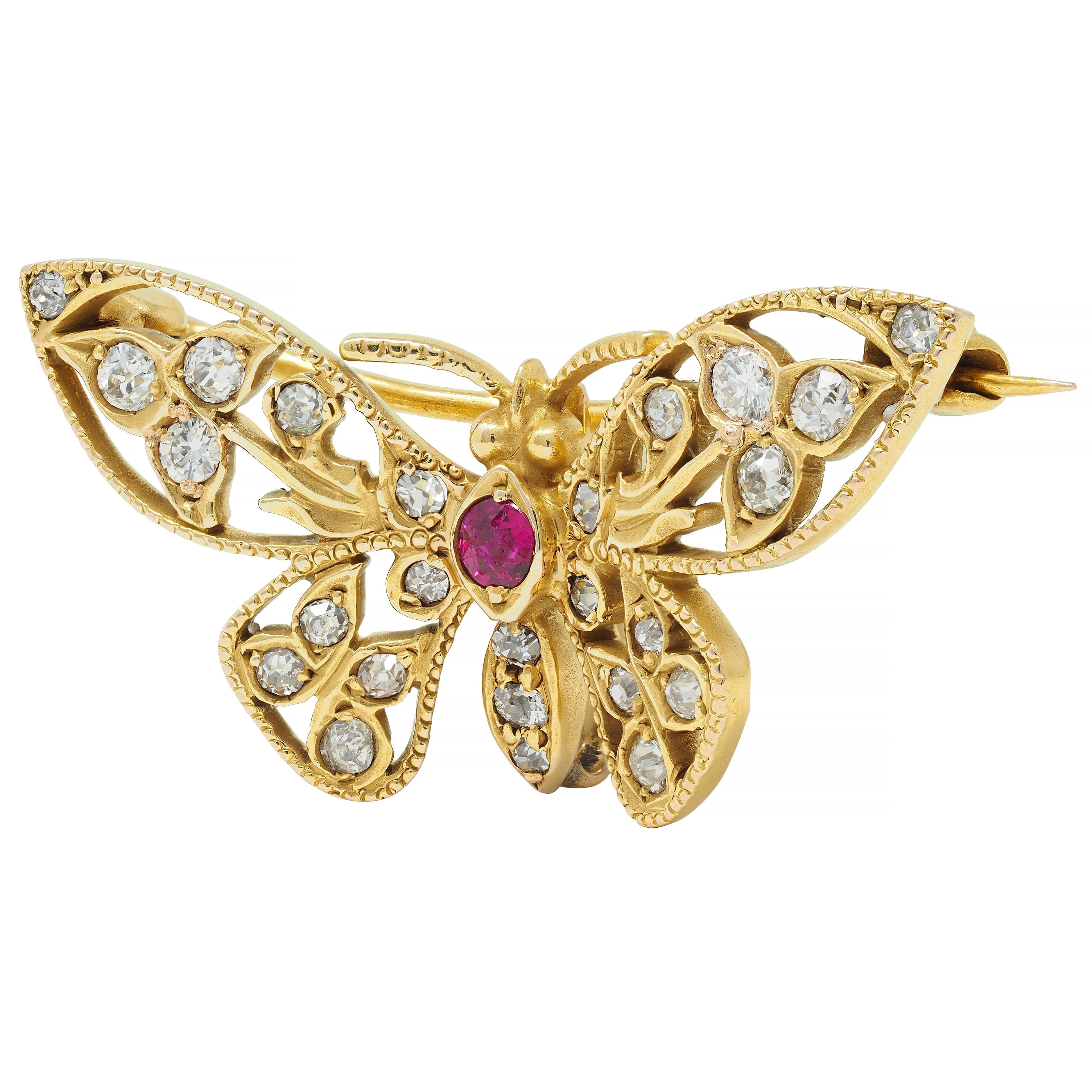 Antike Jugendstil-Schmetterlingsbrosche aus 14 Karat Gelbgold mit Rubin und Diamant (Alteuropäischer Schliff) im Angebot
