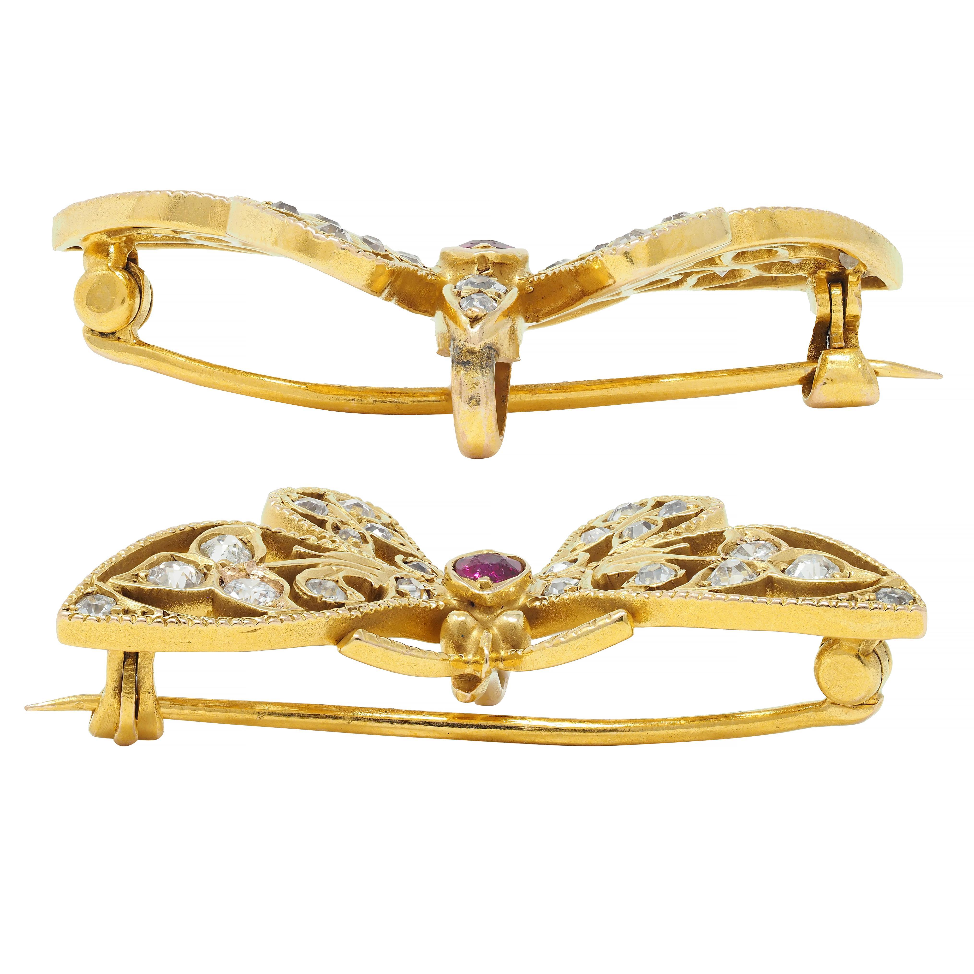 Women's or Men's Art Nouveau Antique Ruby Diamond 14 Karat Yellow Gold Butterfly Brooch For Sale